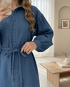 Düğmeli Beli Bağcıklı Kot Gömlek -İndigo-Gömlek-199-263-R21
