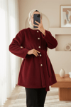 Düğmeli Beli Bağlamalı Kürklü Ceket  -Bordo-Ceket-111-50719-R04
