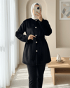 Düğmeli Beli Bağlamalı Kürklü Ceket -Siyah-Ceket-111-50719-R01