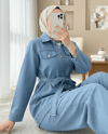 Düğmeli Beli Kemerli Cepli Kot İkili Takım -Açık Mavi-Takım-349-202505-R25