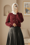 Düğmeli Çiçek Detaylı Yumoş Hırka -Bordo-Hırka-295-1282-R04