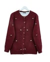 Düğmeli Çiçek Detaylı Yumoş Hırka -Bordo-Hırka-295-1282-R04