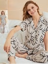 Düğmeli Desenli Viskon Pijama Takımı -Krem-Pijama-416-55055-R28