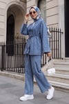 Düğmeli Kemerli Bol Paça Pantolonlu Kot Kimono Takım -Buz Mavi