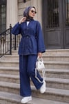 Düğmeli Kemerli Bol Paça Pantolonlu Kot Kimono Takım -Lacivert