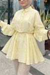 Düğmeli Kemerli Yarasa Kol Volanlı Oversize Modal Tunik  -Sarı-Tunik-307-0136-R22