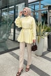 Düğmeli Kemerli Yarasa Kol Volanlı Oversize Modal Tunik  -Sarı-Tunik-307-0136-R22