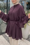 Düğmeli Kemerli Yarasa Kol Volanlı Oversize Modal Tunik  -Mürdüm-Tunik-307-0136-R09