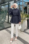 Düğmeli Kemerli Yarasa Kol Volanlı Oversize Modal Tunik  -Lacivert-Tunik-307-0136-R03