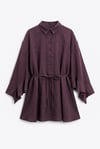 Düğmeli Kemerli Yarasa Kol Volanlı Oversize Modal Tunik  -Mürdüm-Tunik-307-0136-R09