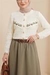 Düğmeli Önü Nakışlı Ajurlu Triko Hırka -Ekru-Hırka-109-0997-R07