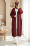 Düğmeli Selanik Uzun Hırka -Bordo-Hırka-253-13124-R04