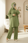 Düğmeli Uzun Pantolonlu Krinkıl Takım   -A.Yeşil-Takım-349-7074-R69