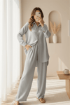 Düğmeli Uzun Pantolonlu Krinkıl Takım  -Gri-Takım-349-7074-R11