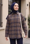 Ekose Desenli Oval Kesim Oversize Gömlek -Vizon