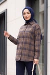 Ekose Desenli Oval Kesim Oversize Gömlek -Vizon