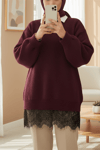 Eteği Dantel Detaylı Triko Kazak -Bordo-Kazak-357-4514-R04