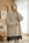 Eteği Dantel Detaylı Triko Kazak -Krem-Kazak-357-4514-R28