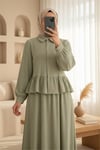 Eteği Fırfırlı Düğmeli Beli Bağcıklı Etekli Takım   -Zeytin-Takım-223-3058-R59