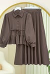 Eteği Fırfırlı Düğmeli Beli Bağcıklı Etekli Takım  -Kahve-Takım-223-3058-R15