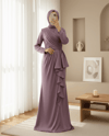فستان سهرة من الساتان مع تنورة مكشكشة وثنيات من الأمام - ليلكي-Saten Abiye-337-6809-R42