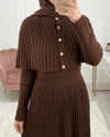 Eteği Fitilli Beli Lastikli Pelerin Detaylı Uzun Triko Elbise -Kahve-Elbise-295-1290-R15