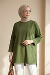 Eteği Kalp Detaylı Yırtmaçlı Salaş Penye Tunik -Haki-Tunik-253-13074-R05