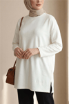 Eteği Kalp Detaylı Yırtmaçlı Salaş Penye Tunik  -Ekru-Tunik-253-13074-R07