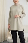 Eteği Kalp Detaylı Yırtmaçlı Salaş Penye Tunik  -Taş-Tunik-253-13074-R43