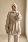 Eteği Lastikli Beli Bağcıklı Yarım Boğazlı Oysho Sweat -Açık Vizon-Sweatshirt-307-0026-R51