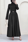 Eteği Poplin Üstü Sendy İki Parçalı Pileli Elbise -Siyah-Elbise-349-2417-R01