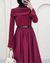 Eteği Poplin Üstü Sendy İki Parçalı Pileli Elbise -Bordo-Elbise-349-2417-R04