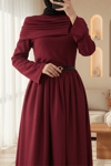 Eteği Poplin Üstü Sendy İki Parçalı Pileli Elbise -Bordo-Elbise-349-2417-R04