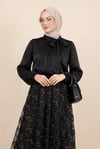 Eteği Pullu Astarlı Yakası Bağlamalı Kolu Lastikli Janjan Takım -Siyah-Takım-446-7343-R01