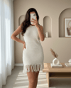 فستان تريكو صفر كم مع تنورة شرابة - كريمي-Elbise-385-2747-R28