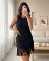 Eteği Püsküllü Sıfır Kol Triko Elbise -Siyah-Açık Elbise-385-2747-R01