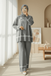 Eteği Ve Kolu Çizgili Triko Takım -Gri-Takım-384-301-R11
