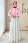 Eteği Ve Kolu Fırfırlı Taşlı Düğmeli Modal Kumaş Gömlek  -Pembe-Gömlek-307-2321-R20