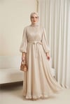 Eteği Volanlı Kemerli Janjan Şifon Elbise  -Bej-Elbise-386-6278-R56