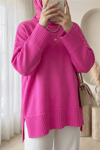 Etek Ucu ve Kol Manşeti Fitilli Yuvarlak Yaka Yırtmaçlı Triko Tunik -Pembe-Kazak-109-9785-R20