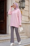 Etek Ucu Ve Kolu Fitilli Salaş Triko Tunik -Pembe