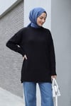 Etek Ucu Ve Kolu Fitilli Salaş Triko Tunik -Siyah