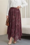 Etnik Desen Beli Lastikli Astarlı Ucu Asimetrik Kesim Şifon Etek -Bordo-Etek-349-8044-R04