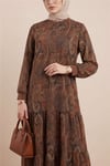 Etnik Desen Eteği Parçalı Astarlı Şifon Elbise  -Açık Kahve-Elbise-197-6758-R76