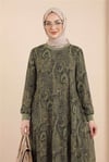Etnik Desen Eteği Parçalı Astarlı Şifon Elbise    -Haki-Elbise-197-6758-R05