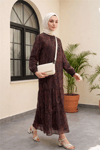 Etnik Desen Eteği Parçalı Astarlı Şifon Elbise  -Mürdüm-Elbise-197-6758-R09