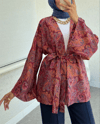 Etnik Desenli Bağcıklı Kimono -Bordo-Kimono&Kaftan-307-2375-R04