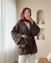 Etnik Desenli Bağcıklı Kimono -Kahve-Kimono&Kaftan-307-2375-R15