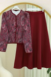Etnik Desenli Top Düğmeli Scuba Takım  -Bordo-Takım-349-8010-R04