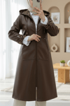 Fermuarlı Kolu Katlamalı Deri Kap  -Kahve-Trençkot-197-1266-R15